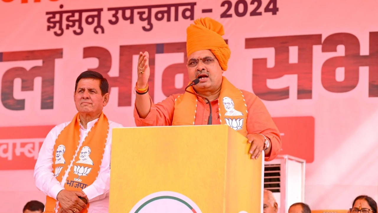 Article 370 restoration, Indi Alliance, Jammu and Kashmir Assembly, rajyavardhan singh rathore, BJP candidate Rajendra Gurjar, BJP State President Madan Rathore, CM Bhajanlal addresses public meeting, CM Bhajanlal Sharma, CM Bhajanlal Sharma News, Deoli-Uniyara, support for BJP candidate Rajendra Gurjar, झुंझुनूं, Jhunjhunu by-election, Rajasthan Assembly Elections 2024, Rajasthan by-election, Rajasthan News